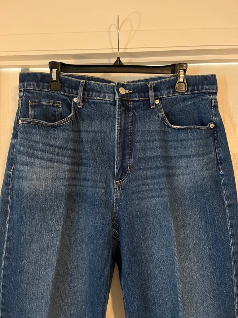 Loft Wide-Leg Cropped High Waisted Blue Jeans With Distressed Hem - Picture 2 of 7